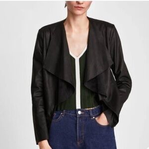 Zara Black Faux Leather Waterfall Blazer Jacket S